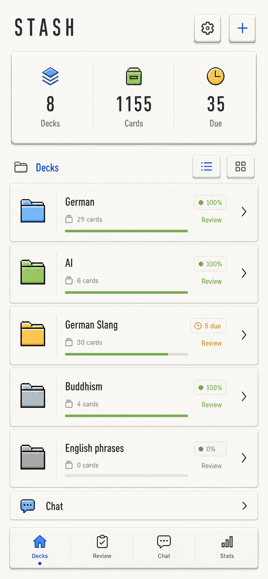 Stash deck list screen