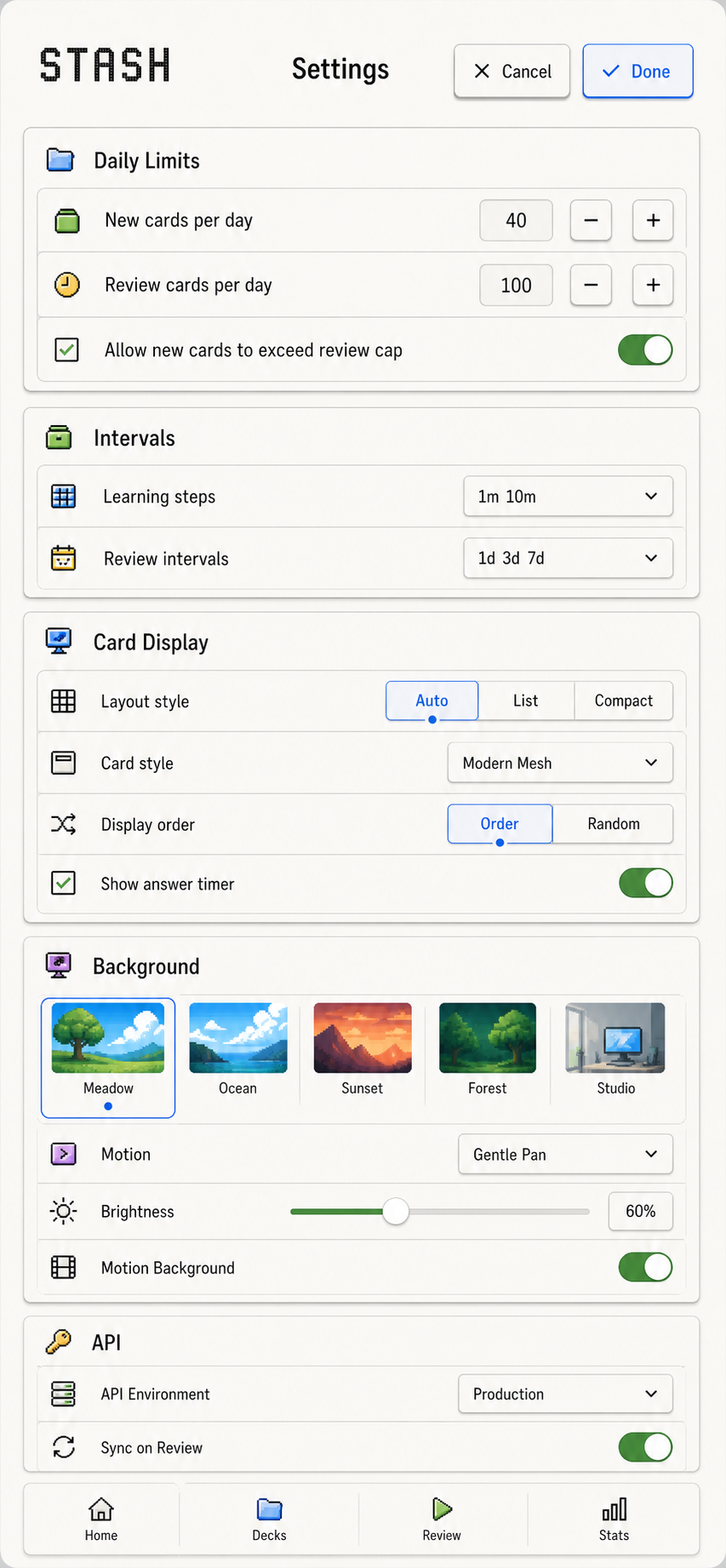 Stash settings screen